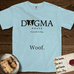 Dogma House Dark Logo T-Shirt flat lay in Chambray, featuring the Dogma House wordmark in dark ink with Lobo the mascot forming the O, a halo above him, and HOUSE below.