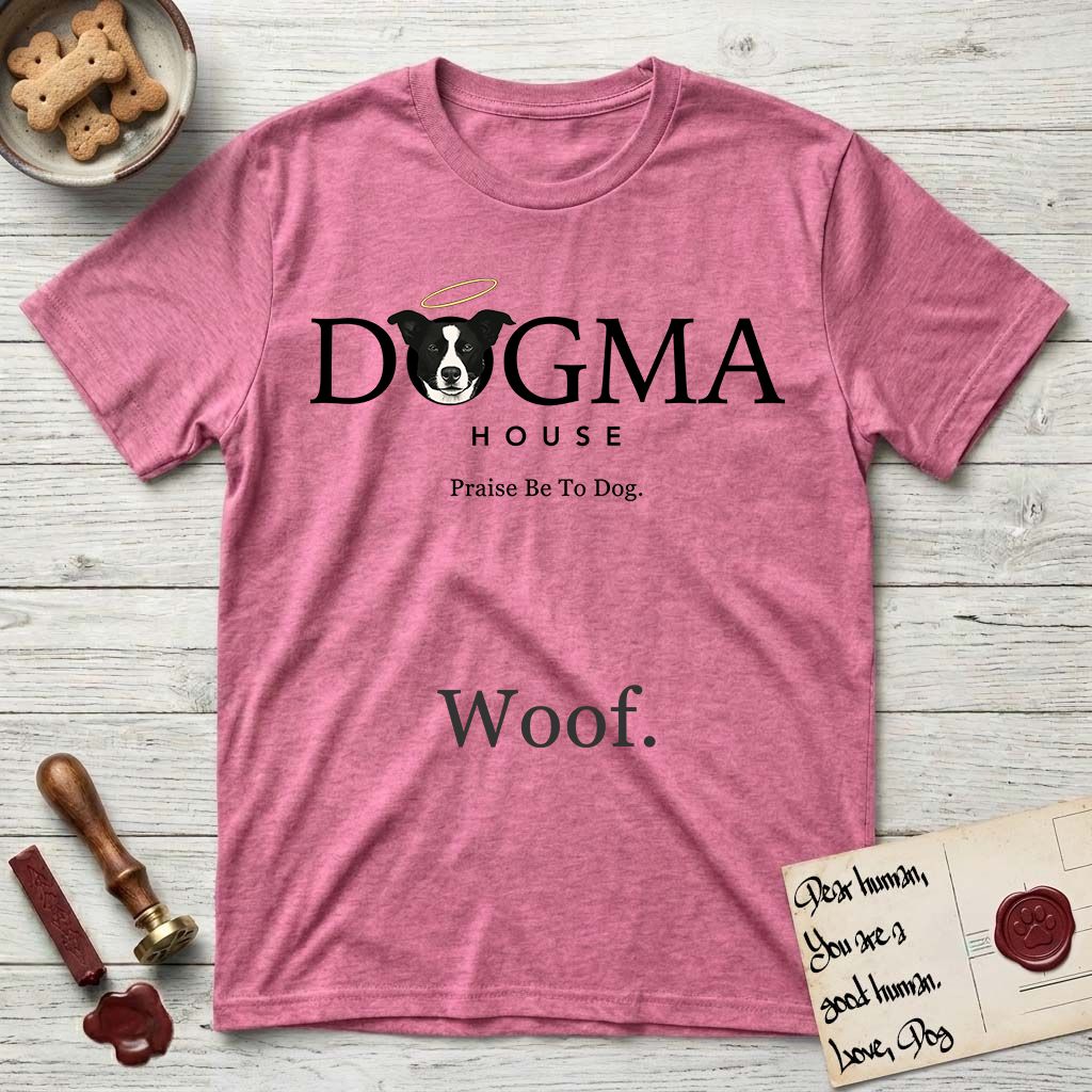 Dogma House Dark Logo T-Shirt flat lay in Heather Heliconia, featuring the Dogma House wordmark in dark ink with Lobo the mascot forming the O, a halo above him, and HOUSE below.