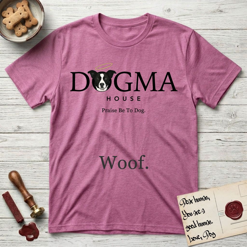 Dogma House Dark Logo T-Shirt flat lay in Heather Radiant Orchid, featuring the Dogma House wordmark in dark ink with Lobo the mascot forming the O, a halo above him, and HOUSE below.