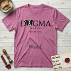 Dogma House Dark Logo T-Shirt flat lay in Heather Radiant Orchid, featuring the Dogma House wordmark in dark ink with Lobo the mascot forming the O, a halo above him, and HOUSE below.