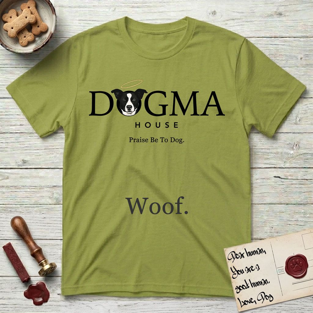 Dogma House Dark Logo T-Shirt flat lay in Kiwi, featuring the Dogma House wordmark in dark ink with Lobo the mascot forming the O, a halo above him, and HOUSE below.