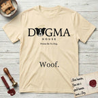 Dogma House Dark Logo T-Shirt flat lay in Natural, featuring the Dogma House wordmark in dark ink with Lobo the mascot forming the O, a halo above him, and HOUSE below.