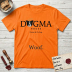 Dogma House Dark Logo T-Shirt flat lay in Orange, featuring the Dogma House wordmark in dark ink with Lobo the mascot forming the O, a halo above him, and HOUSE below.