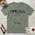 Dogma House Dark Logo T-Shirt flat lay in Sage, featuring the Dogma House wordmark in dark ink with Lobo the mascot forming the O, a halo above him, and HOUSE below.