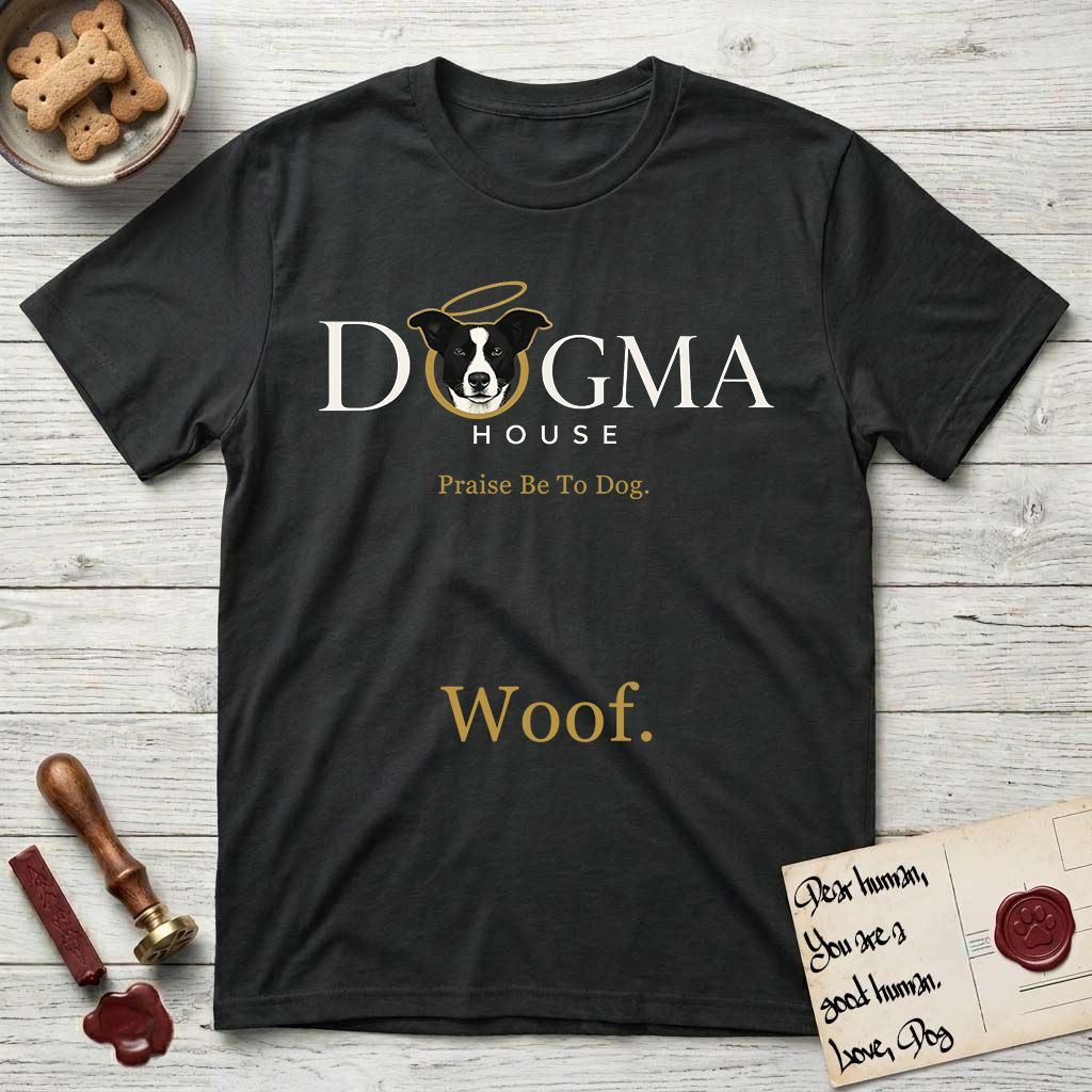 Dogma House Light Logo T-Shirt flat lay in Black, featuring the Dogma House wordmark in light ink with Lobo the mascot forming the O, a gold halo above him, and Woof below.