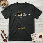 Dogma House Light Logo T-Shirt flat lay in Black, featuring the Dogma House wordmark in light ink with Lobo the mascot forming the O, a gold halo above him, and Woof below.