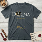 Dogma House Light Logo T-Shirt flat lay in Dark Heather Grey, featuring the Dogma House wordmark in light ink with Lobo the mascot forming the O, a gold halo above him, and Woof below.