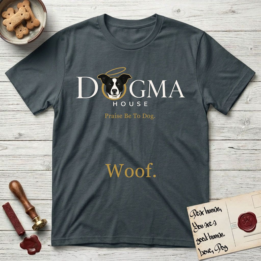 Dogma House Light Logo T-Shirt flat lay in Dark Heather Grey, featuring the Dogma House wordmark in light ink with Lobo the mascot forming the O, a gold halo above him, and Woof below.