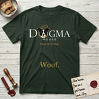 Dogma House Light Logo T-Shirt flat lay in Forest Green, featuring the Dogma House wordmark in light ink with Lobo the mascot forming the O, a gold halo above him, and Woof below.