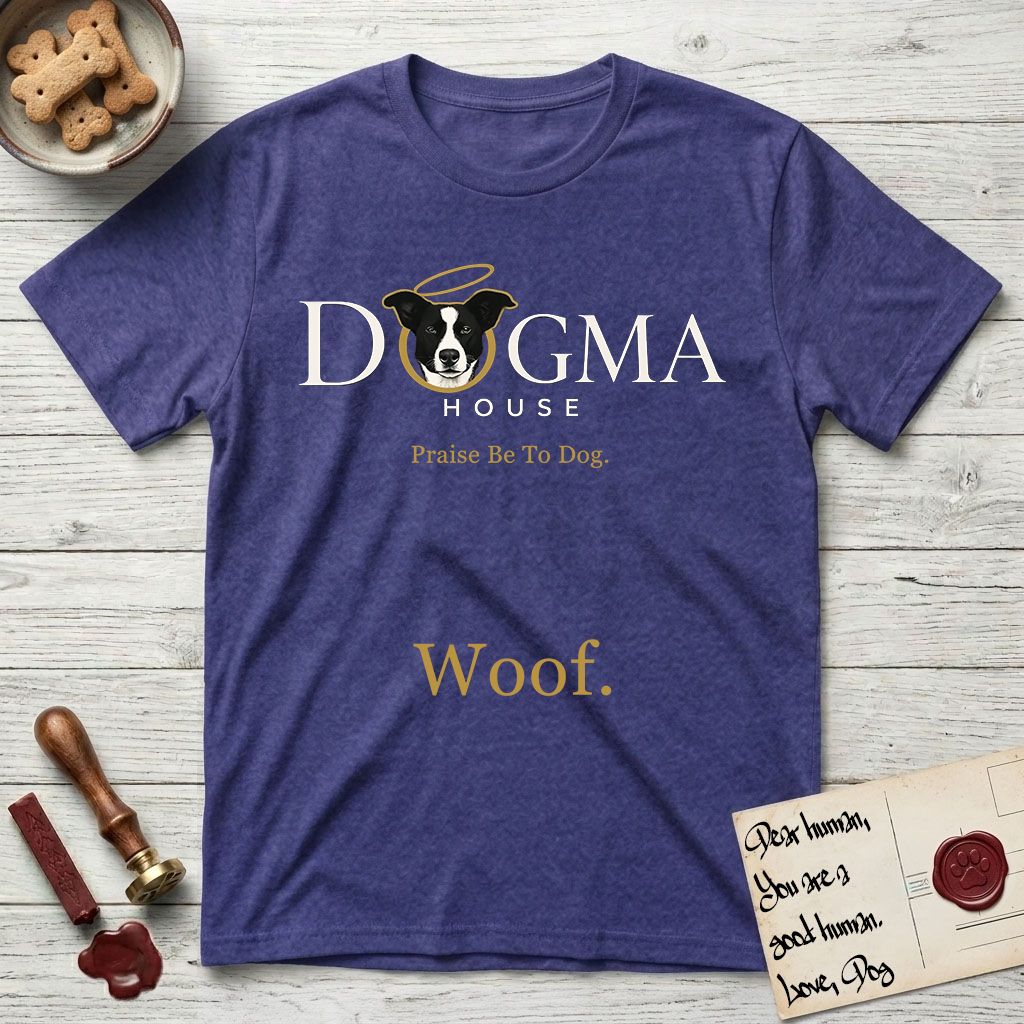Dogma House Light Logo T-Shirt flat lay in Metro Blue, featuring the Dogma House wordmark in light ink with Lobo the mascot forming the O, a gold halo above him, and Woof below.