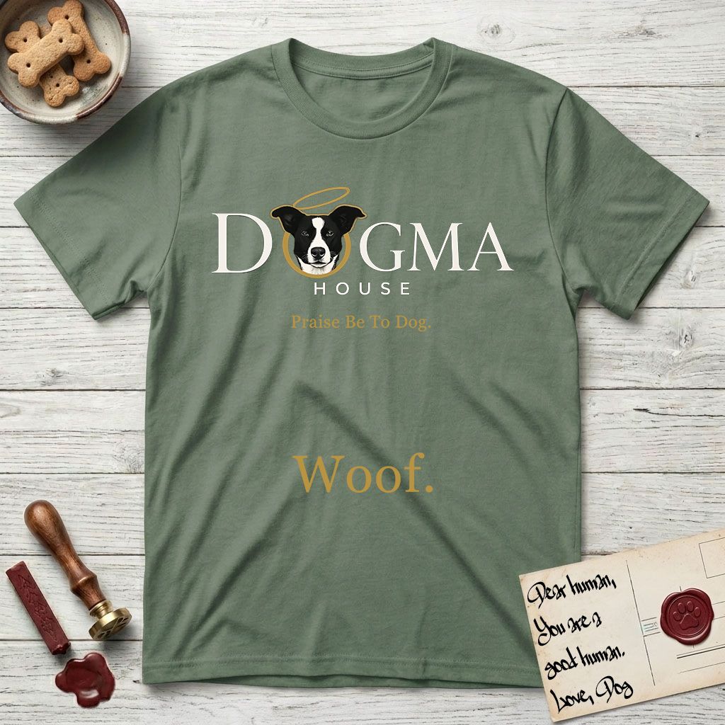 Dogma House Light Logo T-Shirt flat lay in Military Green, featuring the Dogma House wordmark in light ink with Lobo the mascot forming the O, a gold halo above him, and Woof below.