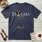 Dogma House Light Logo T-Shirt flat lay in Navy, featuring the Dogma House wordmark in light ink with Lobo the mascot forming the O, a gold halo above him, and Woof below.