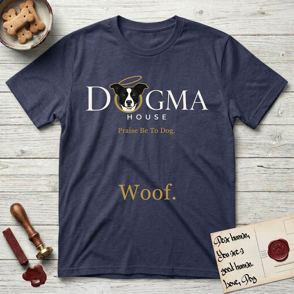 Dogma House Light Logo T-Shirt flat lay in Navy, featuring the Dogma House wordmark in light ink with Lobo the mascot forming the O, a gold halo above him, and Woof below.