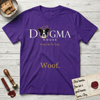 Dogma House Light Logo T-Shirt flat lay in Purple, featuring the Dogma House wordmark in light ink with Lobo the mascot forming the O, a gold halo above him, and Woof below.