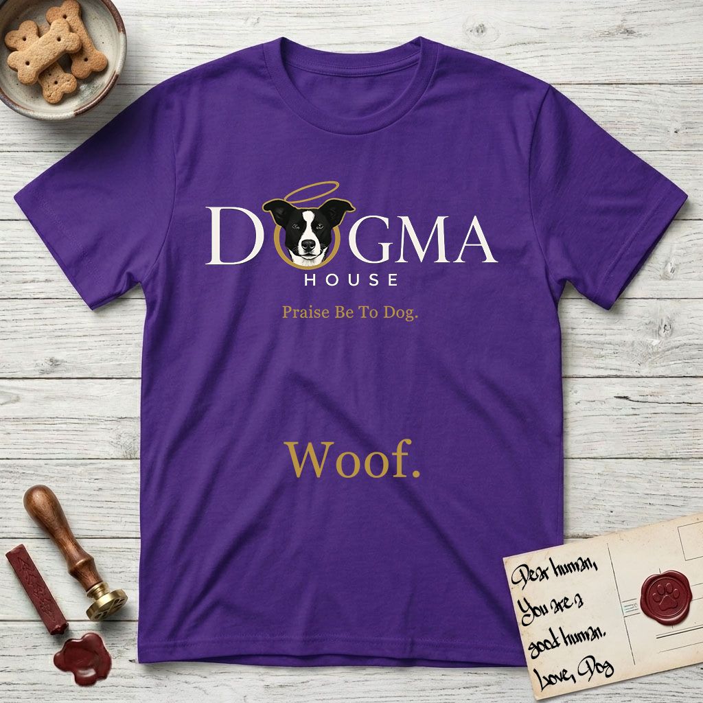 Dogma House Light Logo T-Shirt flat lay in Purple, featuring the Dogma House wordmark in light ink with Lobo the mascot forming the O, a gold halo above him, and Woof below.
