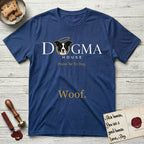 Dogma House Light Logo T-Shirt flat lay in Royal, featuring the Dogma House wordmark in light ink with Lobo the mascot forming the O, a gold halo above him, and Woof below.