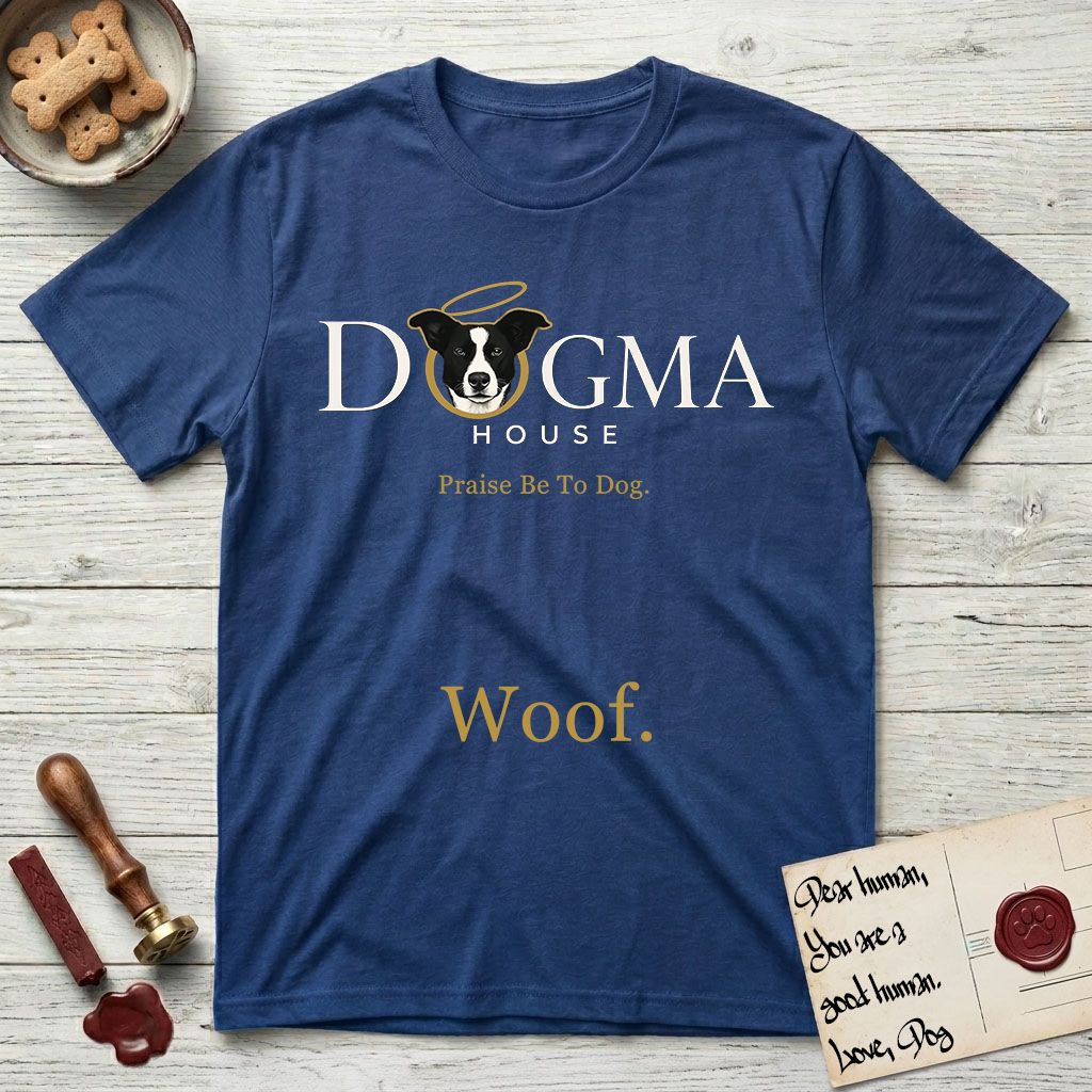 Dogma House Light Logo T-Shirt flat lay in Royal, featuring the Dogma House wordmark in light ink with Lobo the mascot forming the O, a gold halo above him, and Woof below.