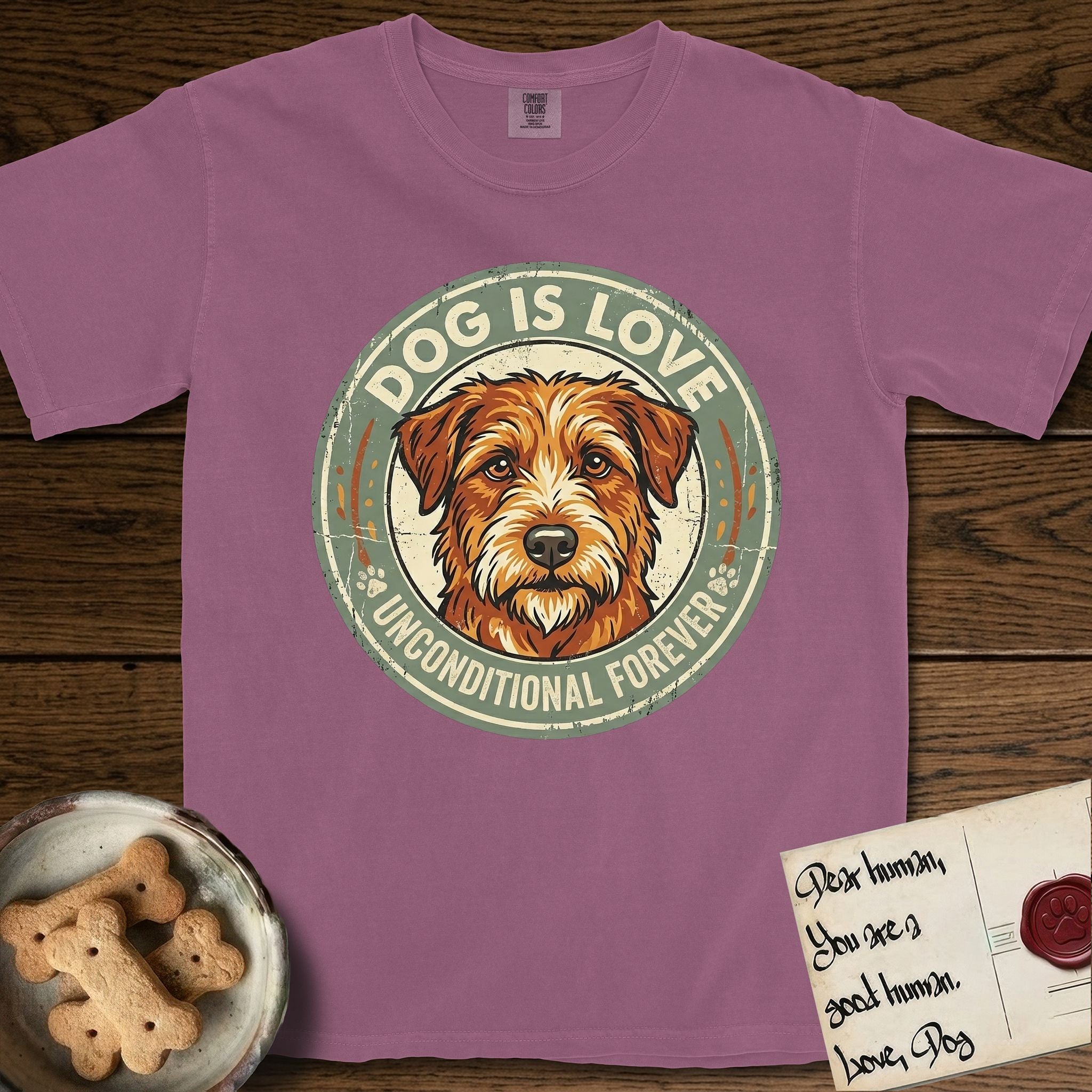Dog is Love T-Shirt flat lay in Berry, featuring a vintage distressed circular badge with a scruffy terrier on a sage-green ground, the words Dog Is Love and Unconditional Forever, and flanking paw prints.