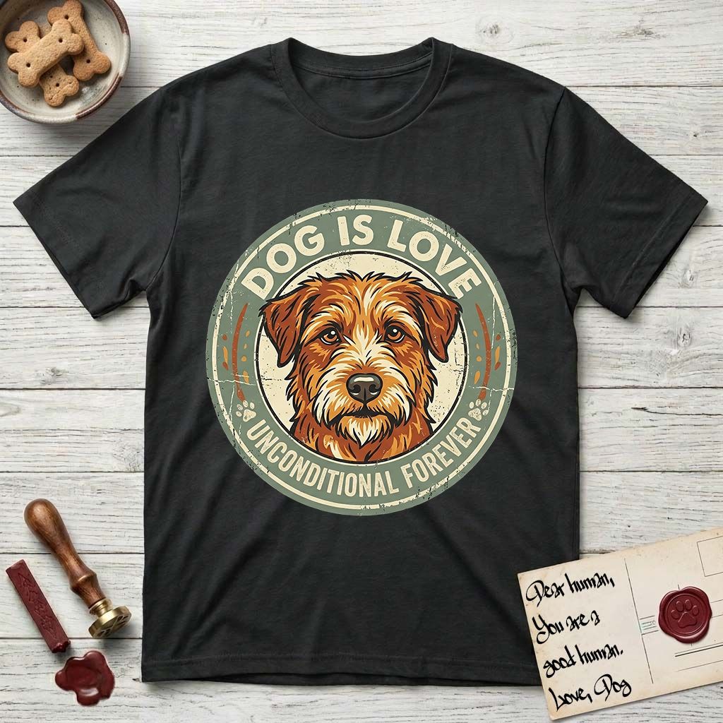 Dog is Love T-Shirt flat lay in Black, featuring a vintage distressed circular badge with a scruffy terrier on a sage-green ground, the words Dog Is Love and Unconditional Forever, and flanking paw prints.