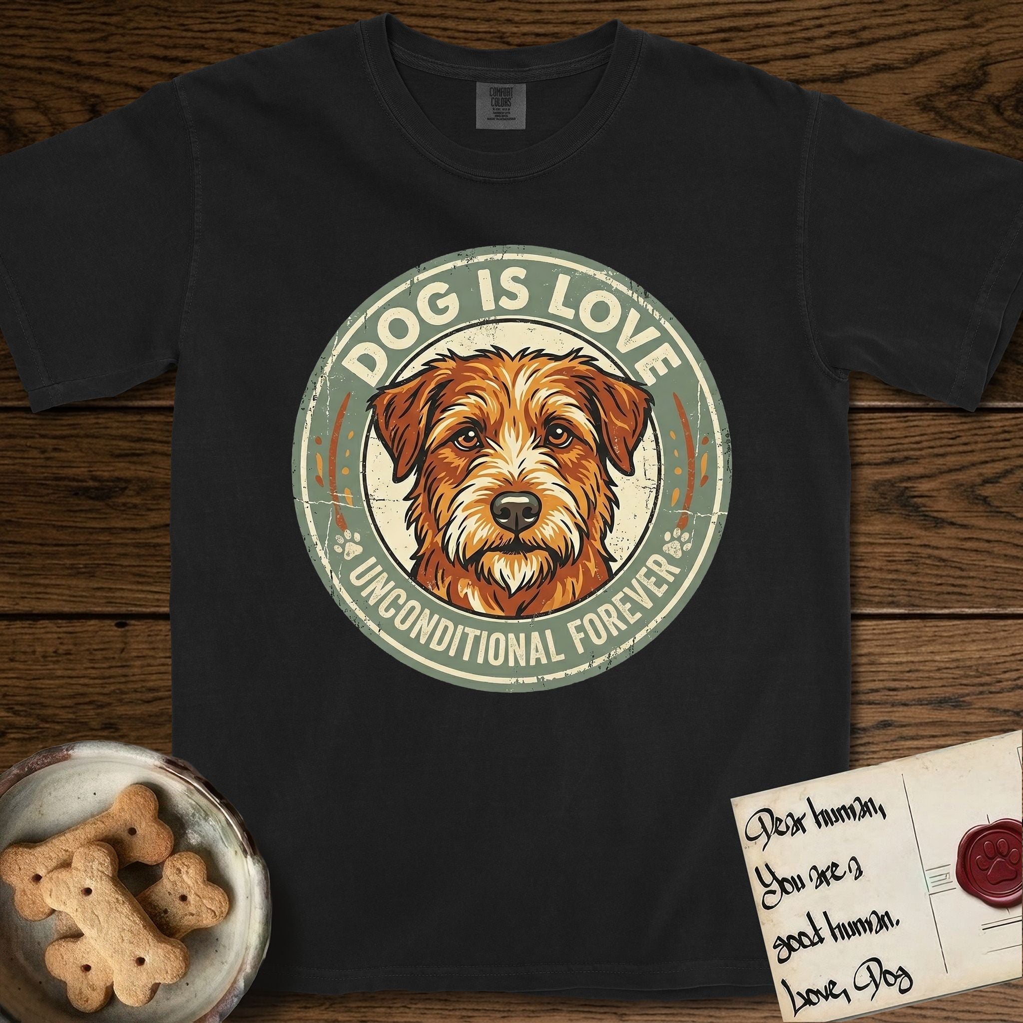Dog is Love T-Shirt flat lay in Black, featuring a vintage distressed circular badge with a scruffy terrier on a sage-green ground, the words Dog Is Love and Unconditional Forever, and flanking paw prints.