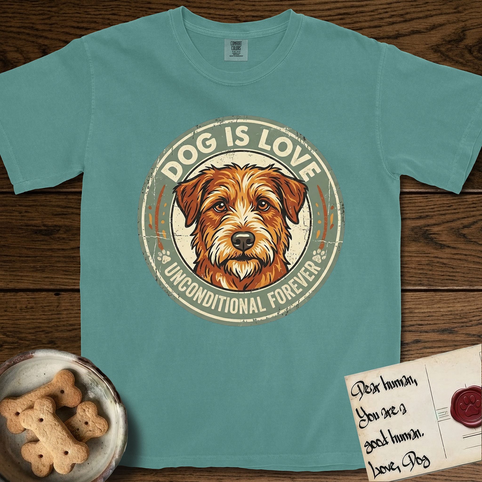 Dog is Love T-Shirt flat lay in Blue Spruce, featuring a vintage distressed circular badge with a scruffy terrier on a sage-green ground, the words Dog Is Love and Unconditional Forever, and flanking paw prints.