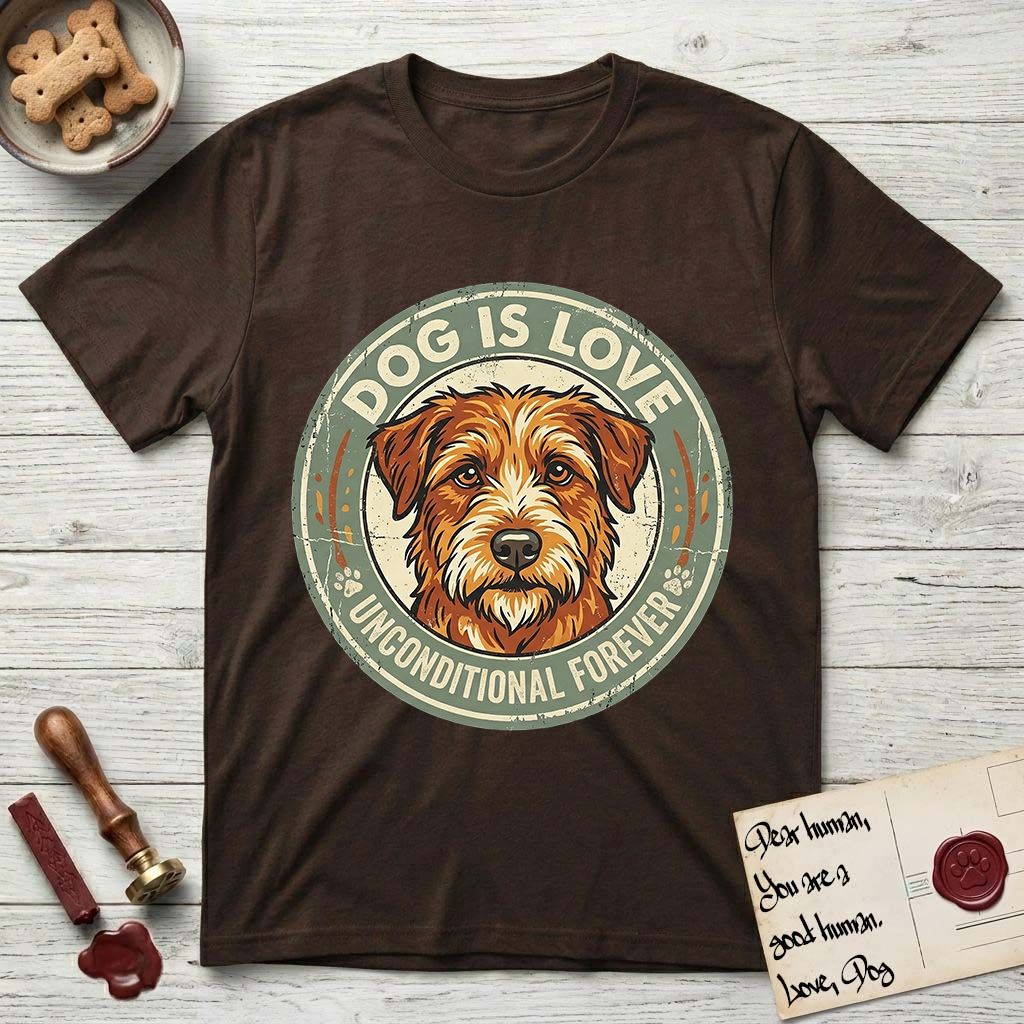 Dog is Love T-Shirt flat lay in Dark Chocolate, featuring a vintage distressed circular badge with a scruffy terrier on a sage-green ground, the words Dog Is Love and Unconditional Forever, and flanking paw prints.