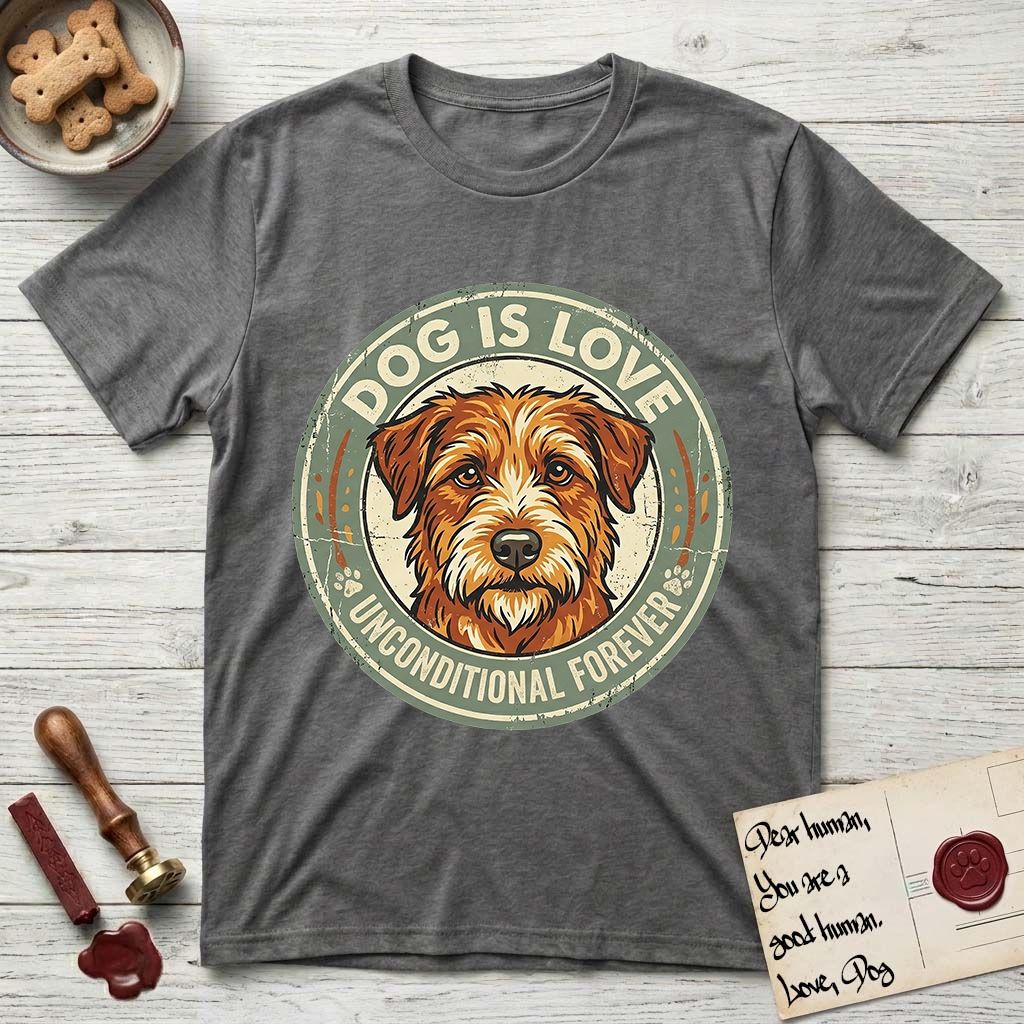 Dog is Love T-Shirt flat lay in Dark Heather, featuring a vintage distressed circular badge with a scruffy terrier on a sage-green ground, the words Dog Is Love and Unconditional Forever, and flanking paw prints.