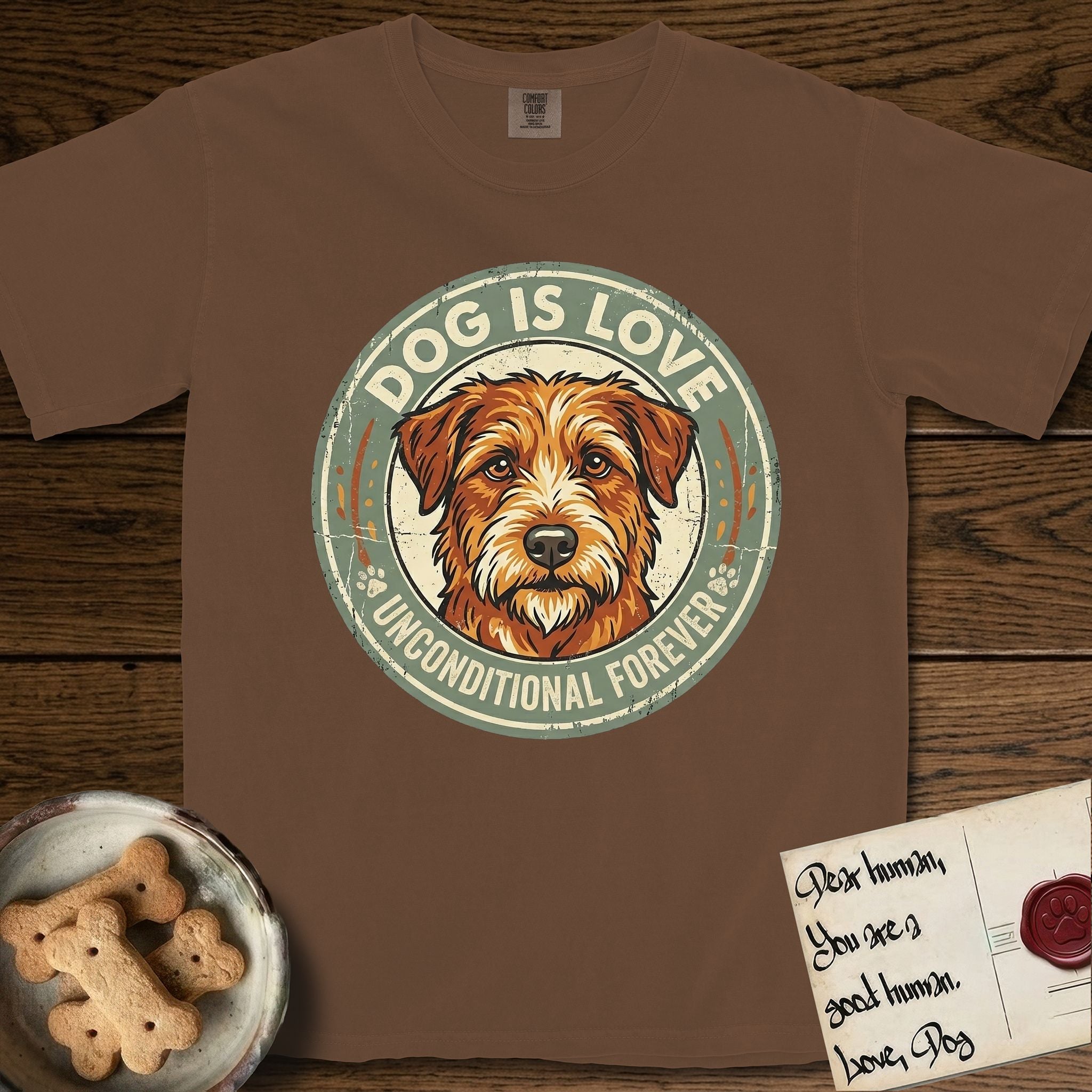 Dog is Love T-Shirt flat lay in Espresso, featuring a vintage distressed circular badge with a scruffy terrier on a sage-green ground, the words Dog Is Love and Unconditional Forever, and flanking paw prints.