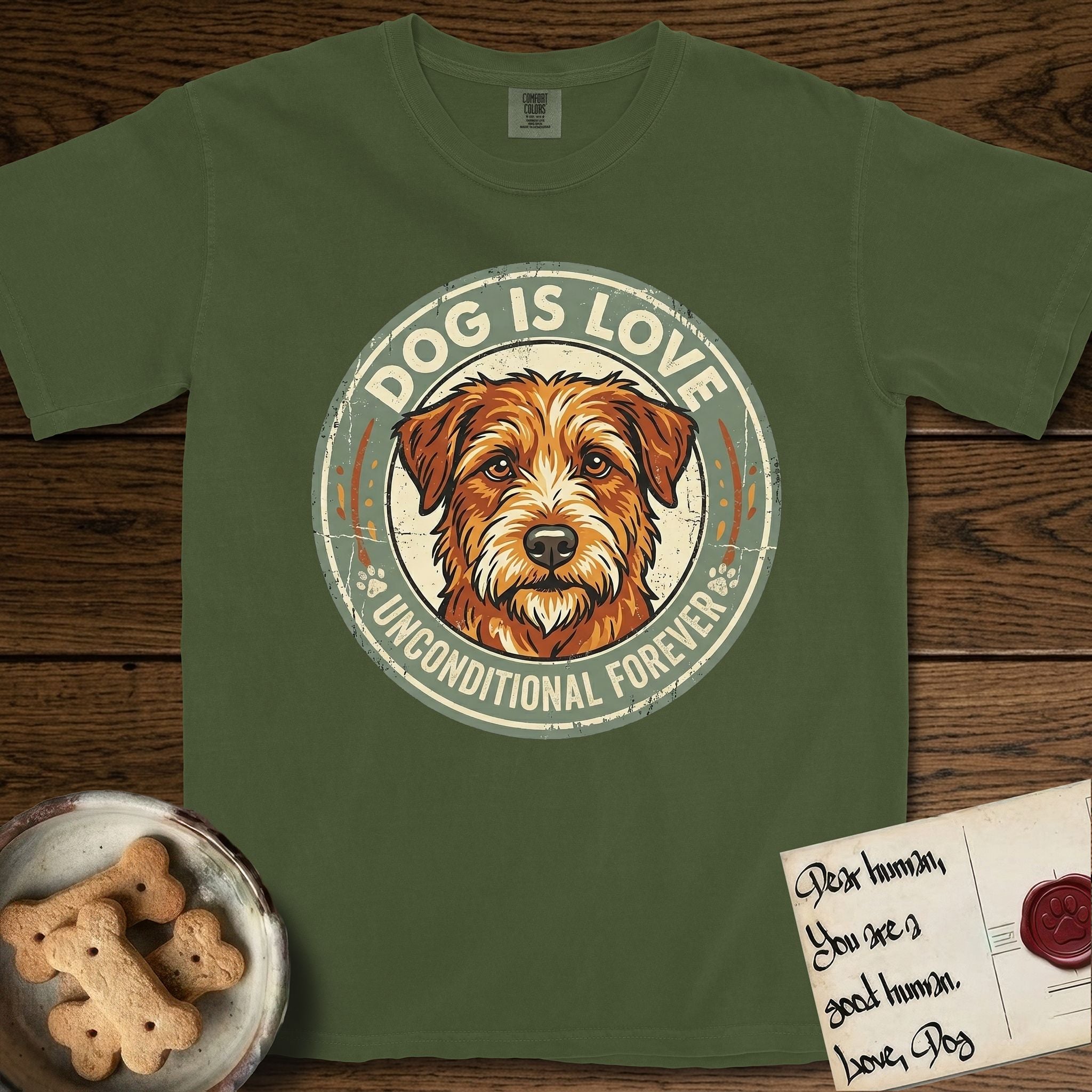 Dog is Love T-Shirt flat lay in Hemp, featuring a vintage distressed circular badge with a scruffy terrier on a sage-green ground, the words Dog Is Love and Unconditional Forever, and flanking paw prints.