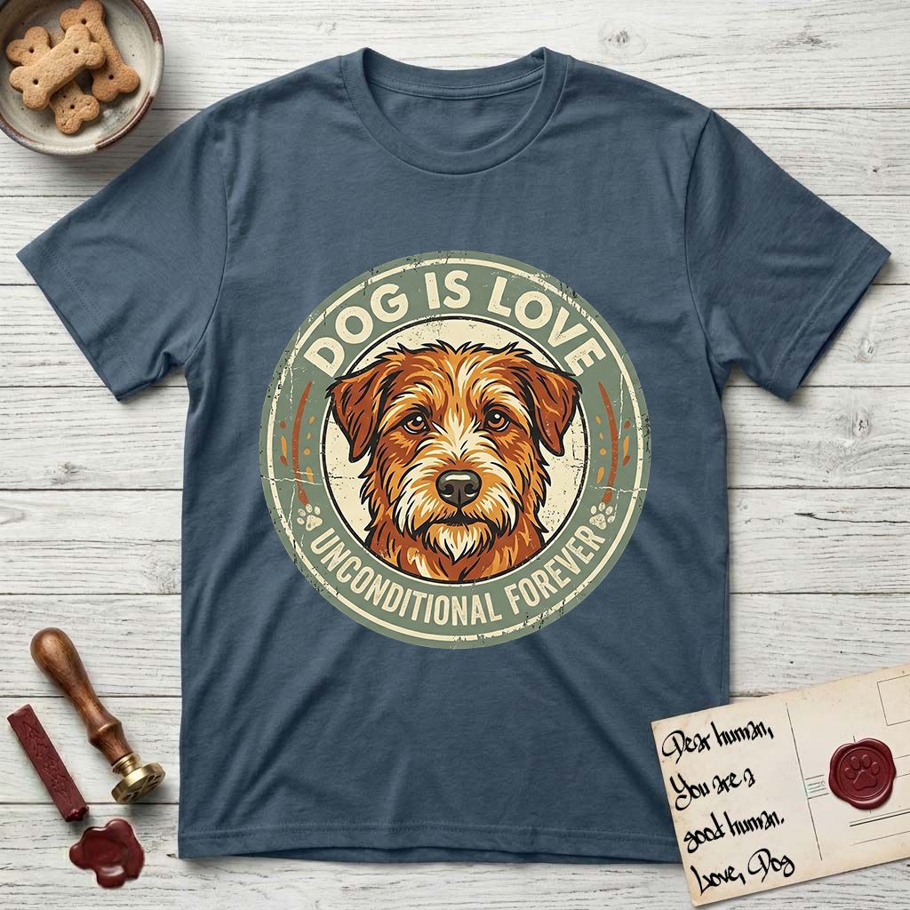 Dog is Love T-Shirt flat lay in Indigo Blue, featuring a vintage distressed circular badge with a scruffy terrier on a sage-green ground, the words Dog Is Love and Unconditional Forever, and flanking paw prints.