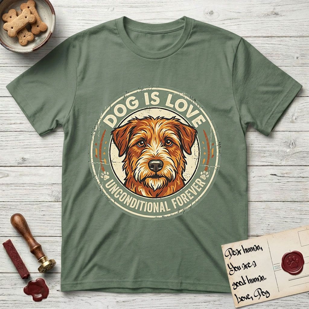 Dog is Love T-Shirt flat lay in Military Green, featuring a vintage distressed circular badge with a scruffy terrier on a sage-green ground, the words Dog Is Love and Unconditional Forever, and flanking paw prints.