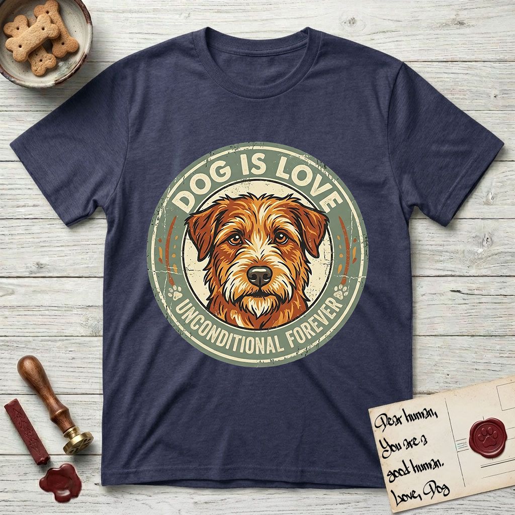 Dog is Love T-Shirt flat lay in Navy, featuring a vintage distressed circular badge with a scruffy terrier on a sage-green ground, the words Dog Is Love and Unconditional Forever, and flanking paw prints.