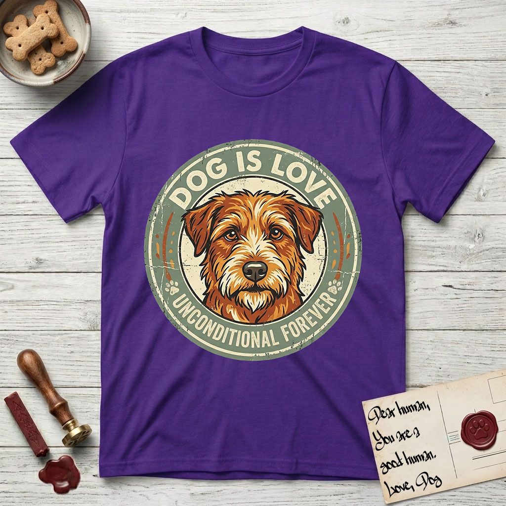 Dog is Love T-Shirt flat lay in Purple, featuring a vintage distressed circular badge with a scruffy terrier on a sage-green ground, the words Dog Is Love and Unconditional Forever, and flanking paw prints.