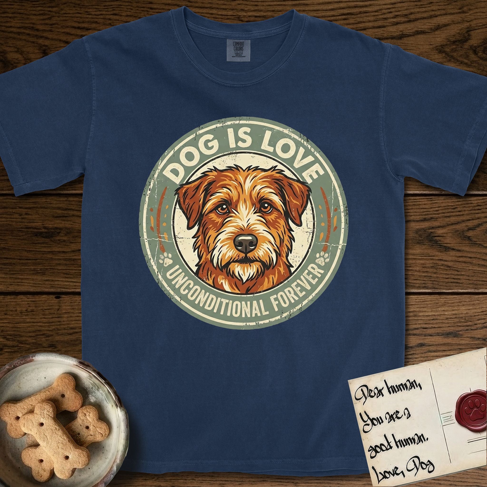 Dog is Love T-Shirt flat lay in True Navy, featuring a vintage distressed circular badge with a scruffy terrier on a sage-green ground, the words Dog Is Love and Unconditional Forever, and flanking paw prints.
