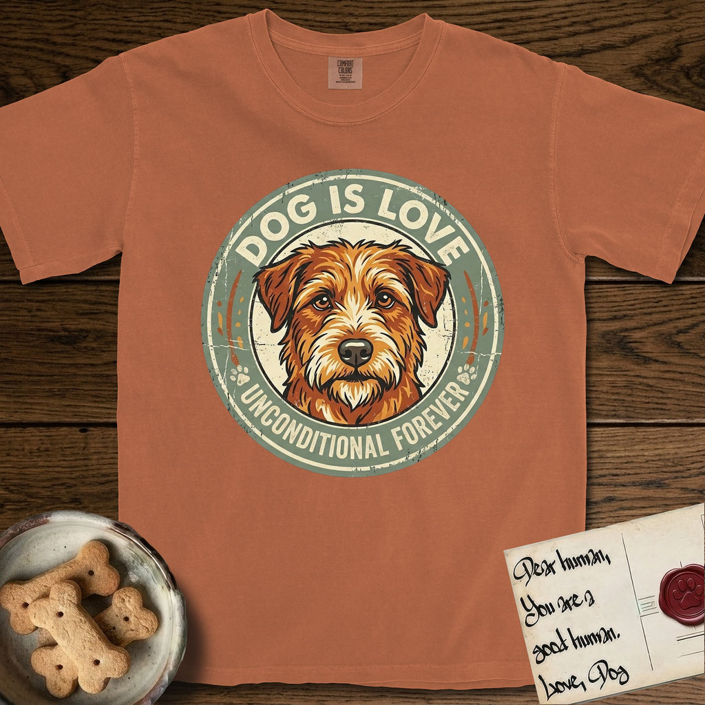 Dog is Love T-Shirt flat lay in Yam, featuring a vintage distressed circular badge with a scruffy terrier on a sage-green ground, the words Dog Is Love and Unconditional Forever, and flanking paw prints.