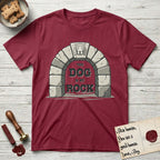 DIMR Beagle T-Shirt flat lay in Cardinal Red, featuring carved gray stone arch with a Beagle's face in shallow relief on the keystone and a halo above, with the words the Dog is my Rock.