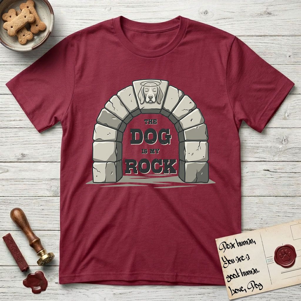 DIMR Beagle T-Shirt flat lay in Cardinal Red, featuring carved gray stone arch with a Beagle's face in shallow relief on the keystone and a halo above, with the words the Dog is my Rock.