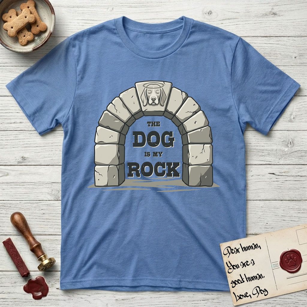 DIMR Beagle T-Shirt flat lay in Carolina Blue, featuring carved gray stone arch with a Beagle's face in shallow relief on the keystone and a halo above, with the words the Dog is my Rock.