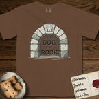 DIMR Beagle T-Shirt flat lay in Espresso, featuring carved gray stone arch with a Beagle's face in shallow relief on the keystone and a halo above, with the words the Dog is my Rock.