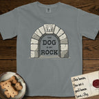 DIMR Beagle T-Shirt flat lay in Granite, featuring carved gray stone arch with a Beagle's face in shallow relief on the keystone and a halo above, with the words the Dog is my Rock.