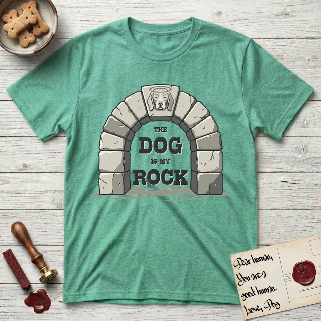 DIMR Beagle T-Shirt flat lay in Heather Irish Green, featuring carved gray stone arch with a Beagle's face in shallow relief on the keystone and a halo above, with the words the Dog is my Rock.