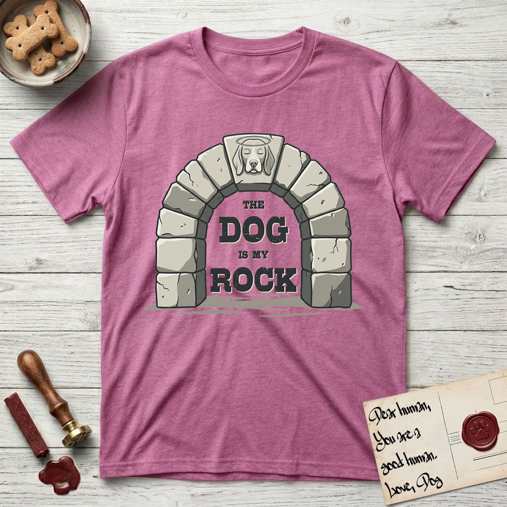 DIMR Beagle T-Shirt flat lay in Heather Radiant Orchid, featuring carved gray stone arch with a Beagle's face in shallow relief on the keystone and a halo above, with the words the Dog is my Rock.