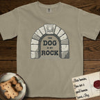 DIMR Beagle T-Shirt flat lay in Khaki, featuring carved gray stone arch with a Beagle's face in shallow relief on the keystone and a halo above, with the words the Dog is my Rock.