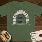 DIMR Beagle T-Shirt flat lay in Moss, featuring carved gray stone arch with a Beagle's face in shallow relief on the keystone and a halo above, with the words the Dog is my Rock.