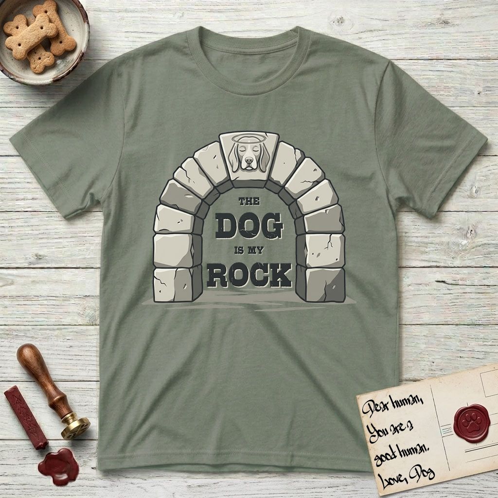 DIMR Beagle T-Shirt flat lay in Sage, featuring carved gray stone arch with a Beagle's face in shallow relief on the keystone and a halo above, with the words the Dog is my Rock.