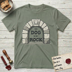 DIMR Beagle T-Shirt flat lay in Sage, featuring carved gray stone arch with a Beagle's face in shallow relief on the keystone and a halo above, with the words the Dog is my Rock.