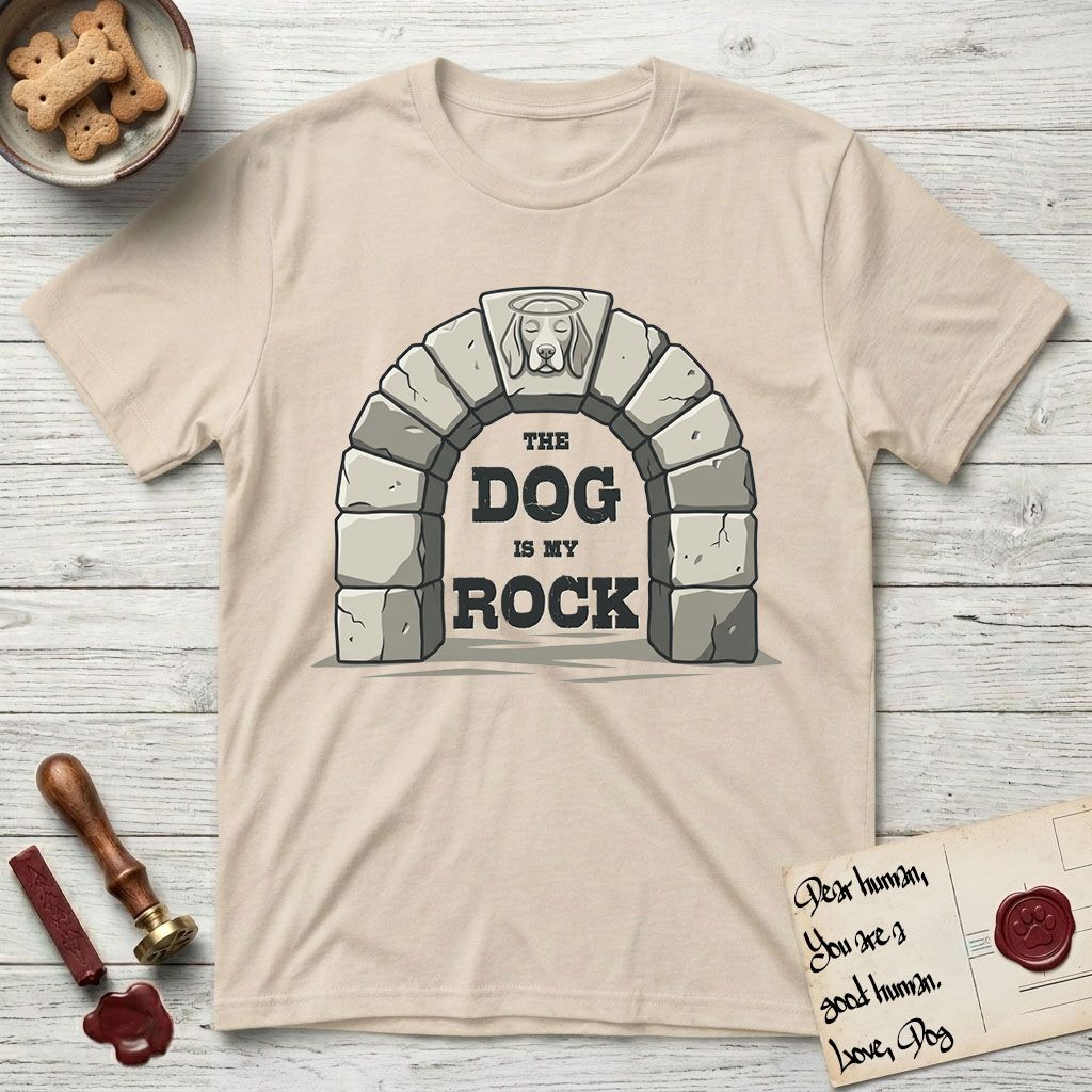 DIMR Beagle T-Shirt flat lay in Sand, featuring carved gray stone arch with a Beagle's face in shallow relief on the keystone and a halo above, with the words the Dog is my Rock.