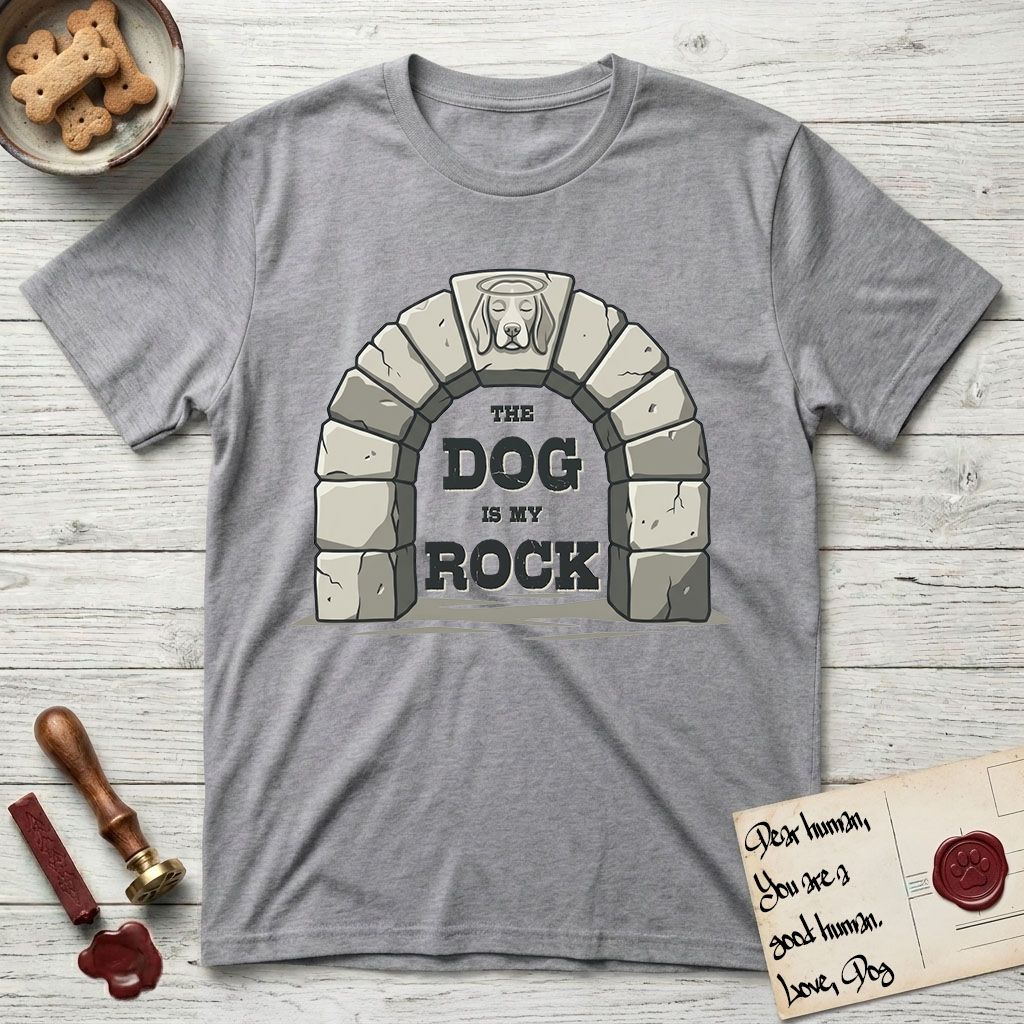 DIMR Beagle T-Shirt flat lay in Sport Grey, featuring carved gray stone arch with a Beagle's face in shallow relief on the keystone and a halo above, with the words the Dog is my Rock.