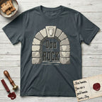 DIMR Bull Terrier T-Shirt flat lay in Dark Heather Grey, featuring carved gray stone arch with a Bull Terrier's face in shallow relief on the keystone and a halo above, with the words the Dog is my Rock.