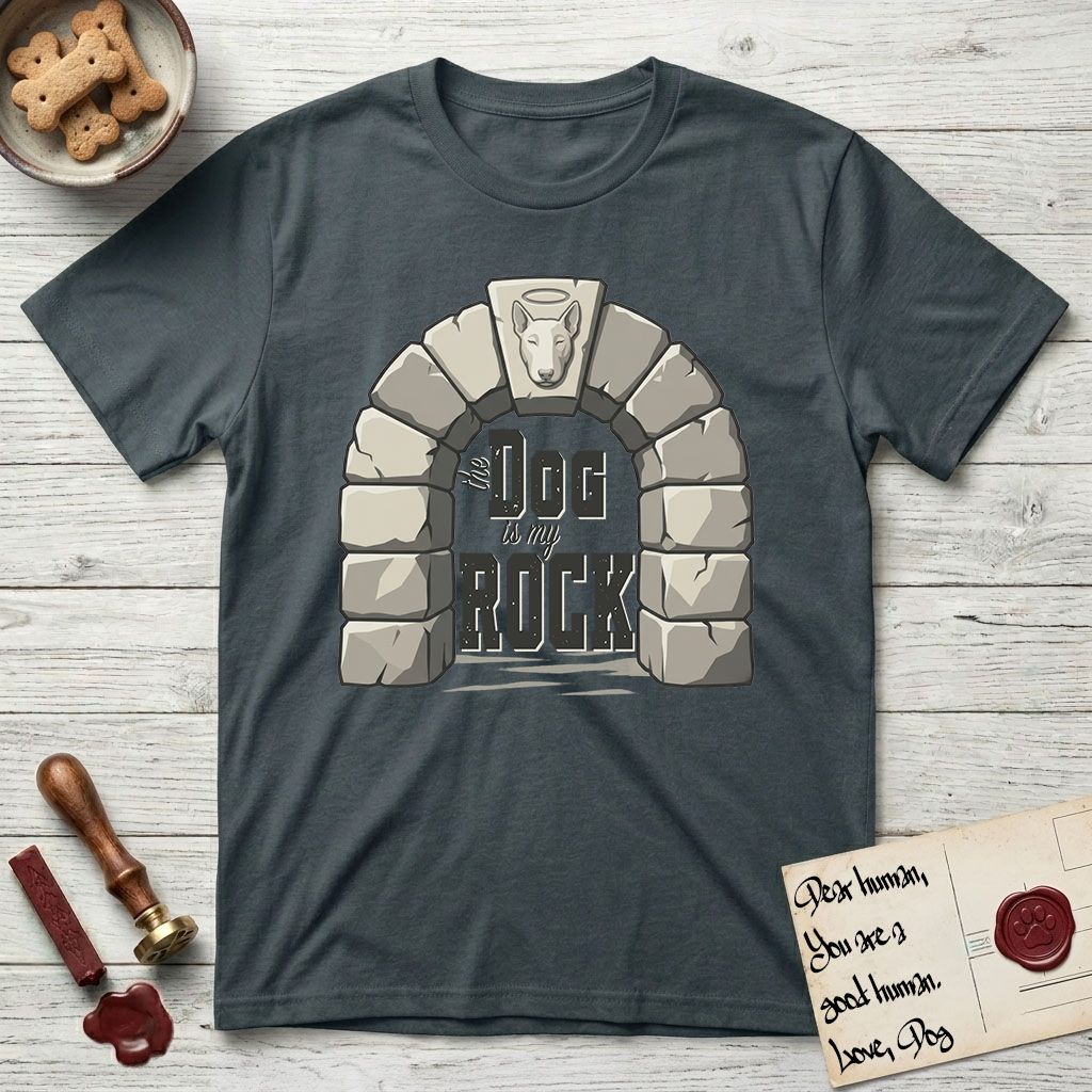 DIMR Bull Terrier T-Shirt flat lay in Dark Heather Grey, featuring carved gray stone arch with a Bull Terrier's face in shallow relief on the keystone and a halo above, with the words the Dog is my Rock.